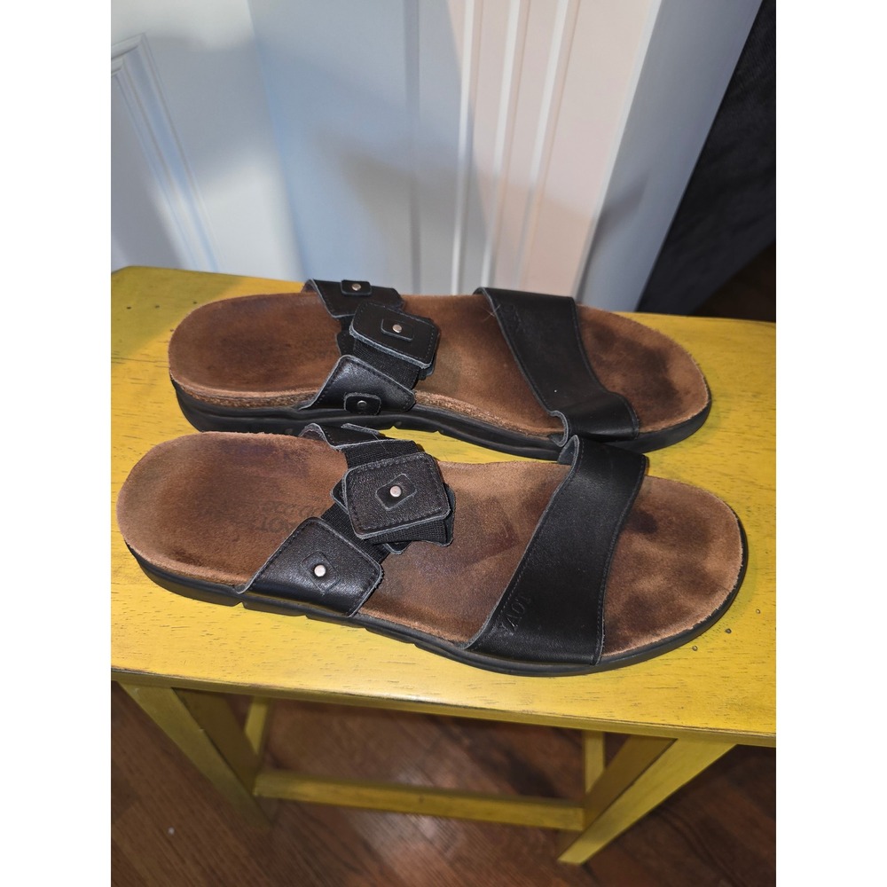 Naot Women Black Leather Slide Sandals Adjustable Strap Comfort Footbed 41